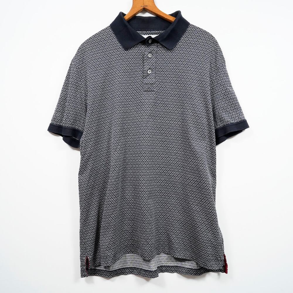 Salvatore Ferragamo Polo Shirt Mens XL Navy White Gancini Pattern Made in Italy